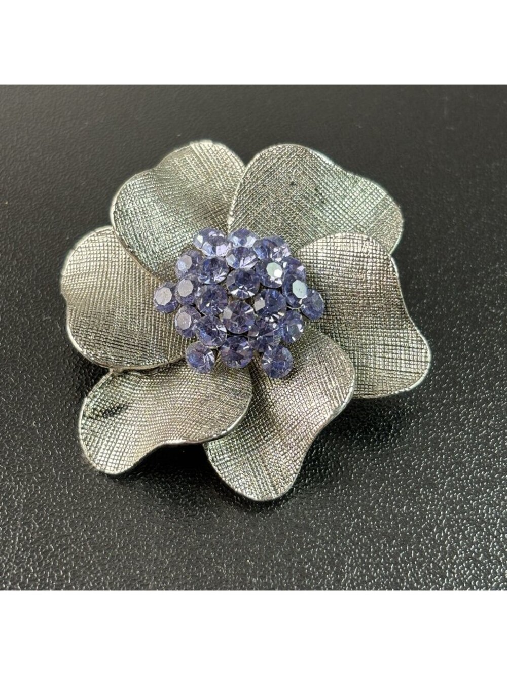 Vintage Silver Tone Brooch Pin Purple Rhinestone Cluster 2"